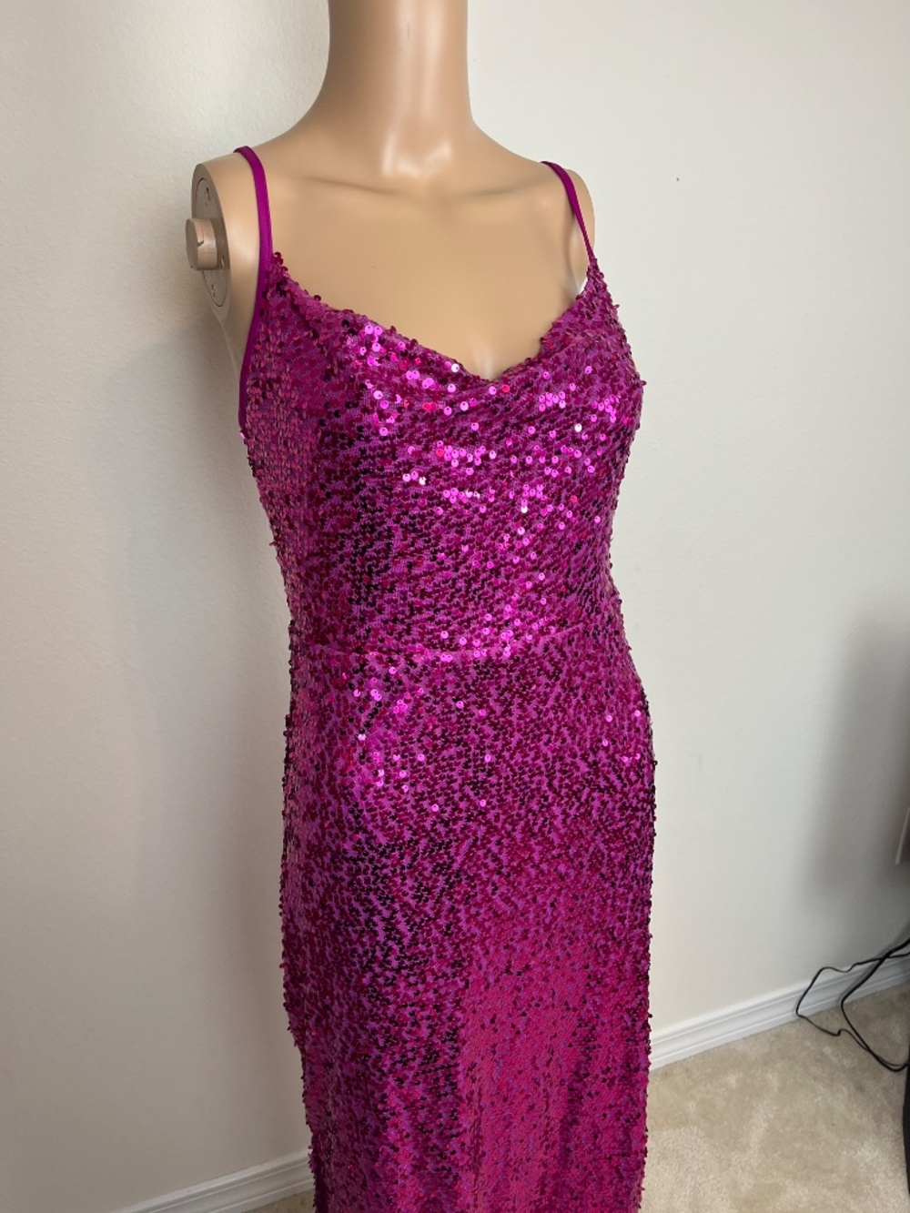 Taylor Dress, Fuchsia Hot Pink Sequin Midi Dress, Cowl Neck, Size 4